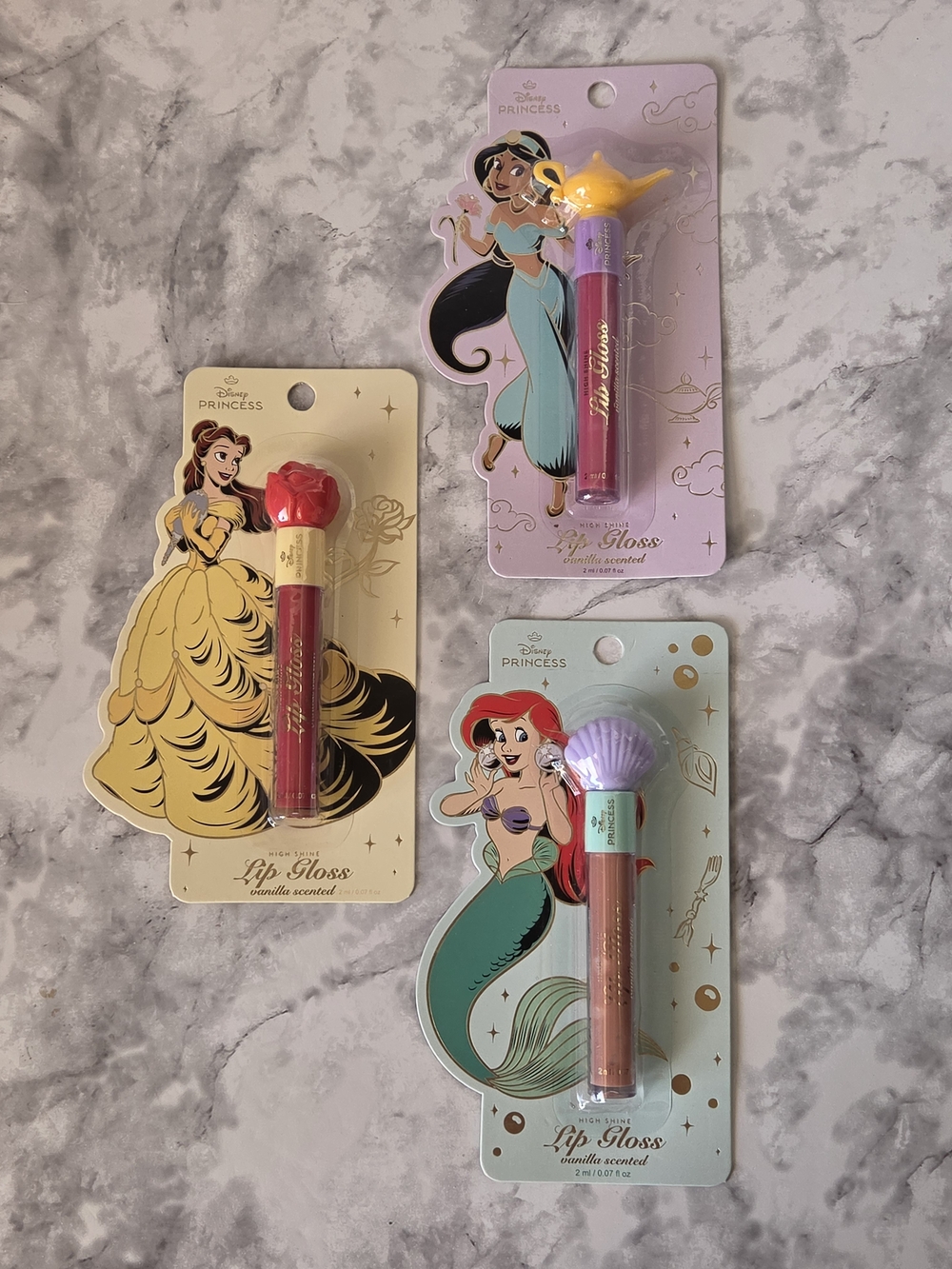 Disney Princess Lip Gloss Trio - Belle, Jasmine & Ariel Pink, Red & Peach Shades